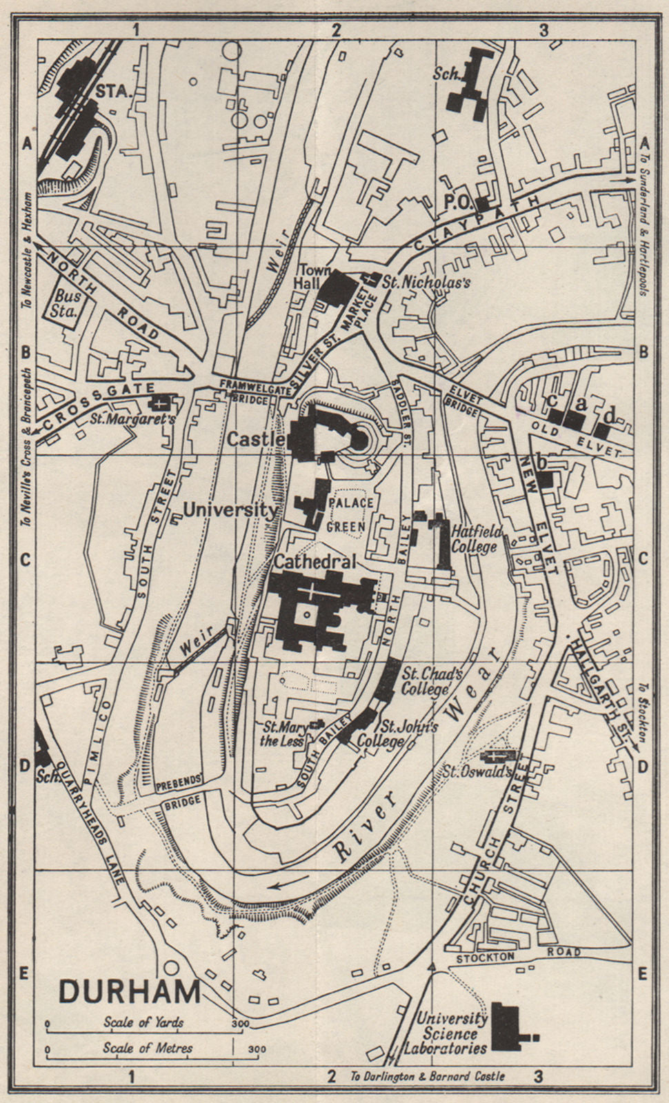 DURHAM. Vintage town city map plan 1957 old vintage chart